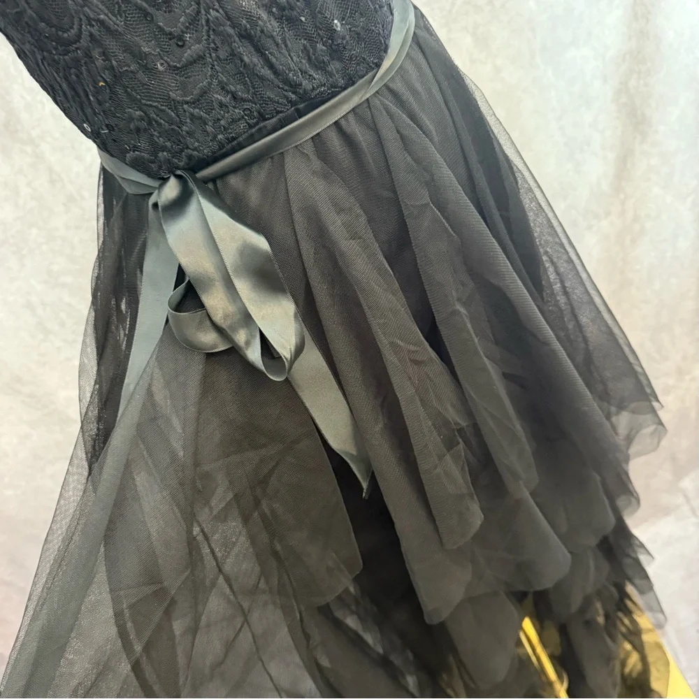 Elegant Black Halter Formal Sheer Illusion Dress layered tulle prom bow sequin - Picture 5 of 10